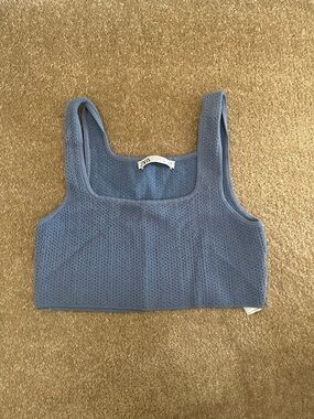 Zara Dusty Blue Textured Square-Neck Crop Top